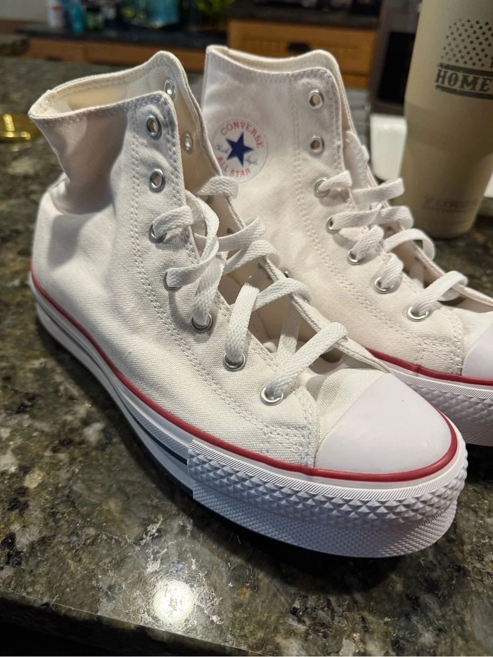 Converse Kids White High Top Sneakers with Red Trim
